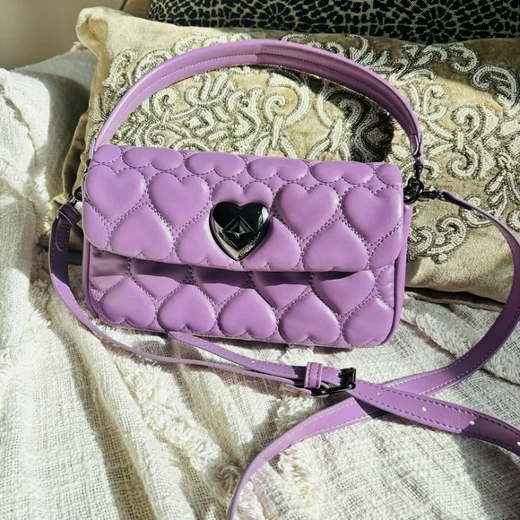 Betsey Johnson Lavender Quilted Heart Crossbody Bag with Silver Heart Clasp - Picture 2 of 10